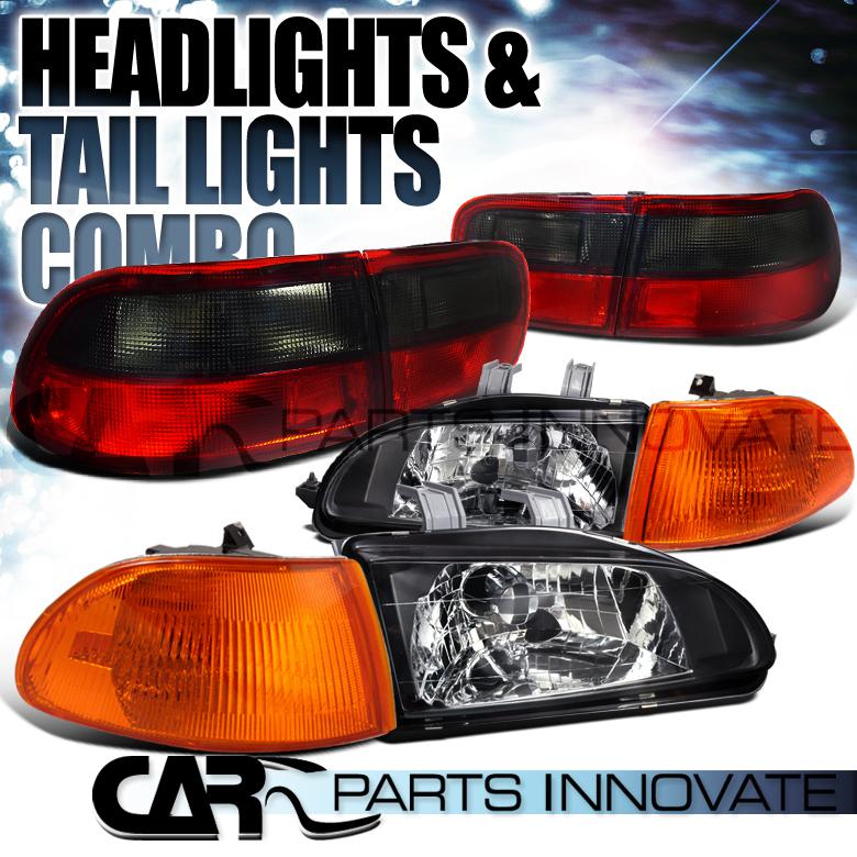 92-95 civic 4dr crystal black headlights+amber corner lamps+smoke tail lights