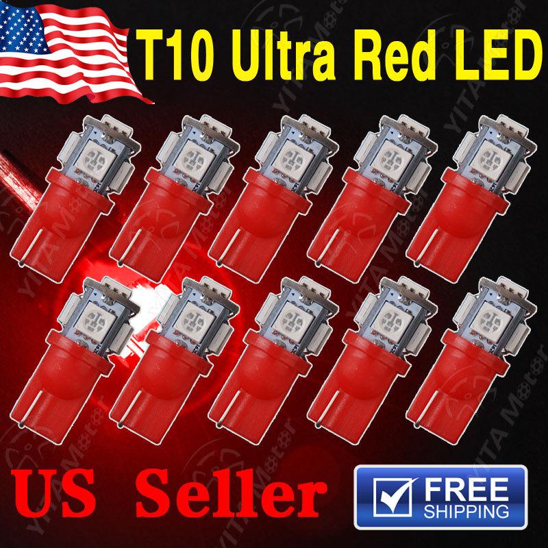 10 x red t10 5smd 5050 led interior light bulb lamp w5w 2825 158 192 194 168 501