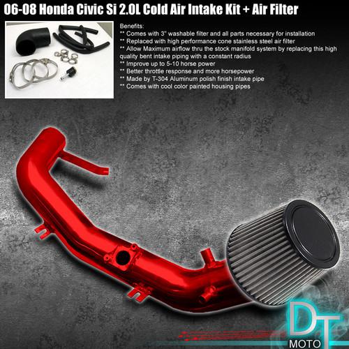 Stainless washable cone filter+ cold air intake 06-11 civic si 2.0l red aluminum