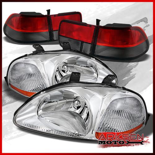 96-98 honda civic 2dr coupe amber chrome headlights+red smoked tail lights lamps