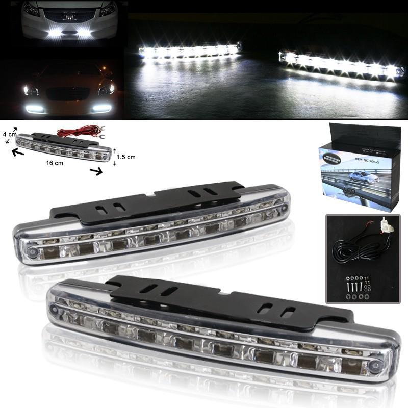 2pc white 8 led drl fog daytime running lights bumper 6000k lamps chrome