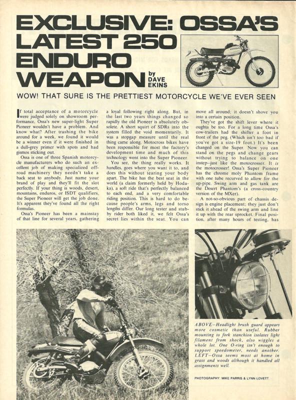 1975 ossa super pioneer 250 motorcycle road test with specs 3 pages