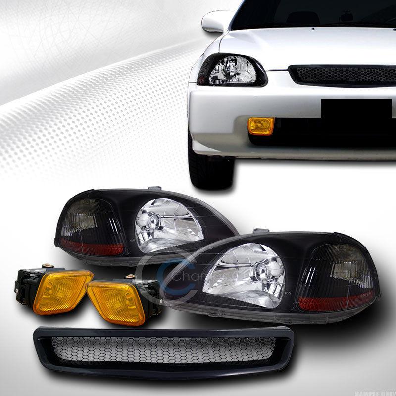 Black head lights amber dy+aluminum mesh grill grille+fog yellow 96-98 civic ek