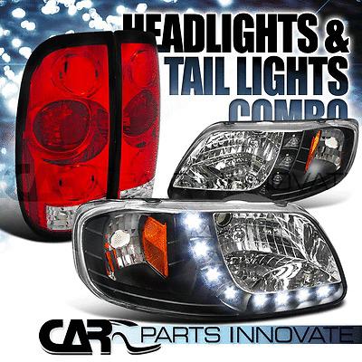 1997-2003 ford f150 styleside black smd led drl headlights+red tail lamps