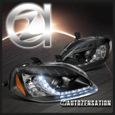 99-00 honda civic black r8 style led drl projector headlights