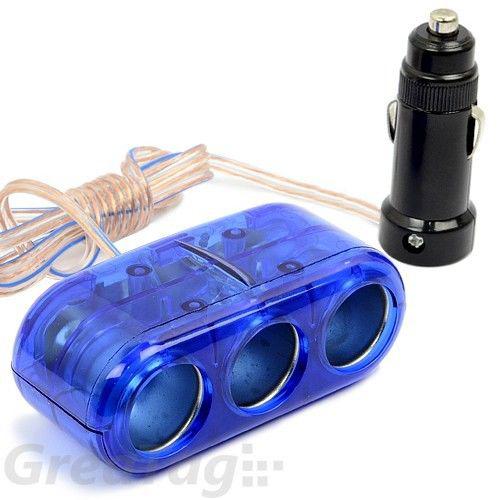 3 way 12v car cigarette lighter socket adapter splitter charger for iphone blue