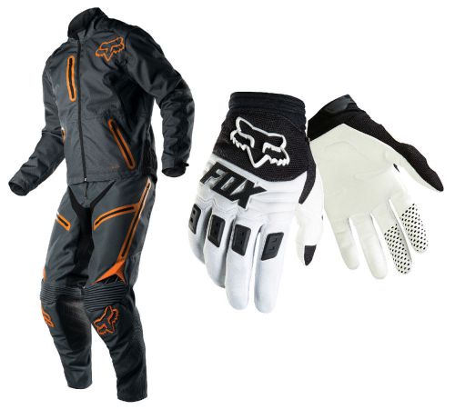 Fox racing grey/orange mens legion jacket &amp; pants with white dirtpaw race gloves