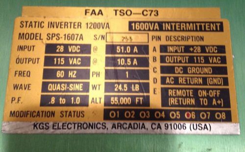 Kgs electronics faa ts0-c73 static inverter 1200 va model sps-1607a