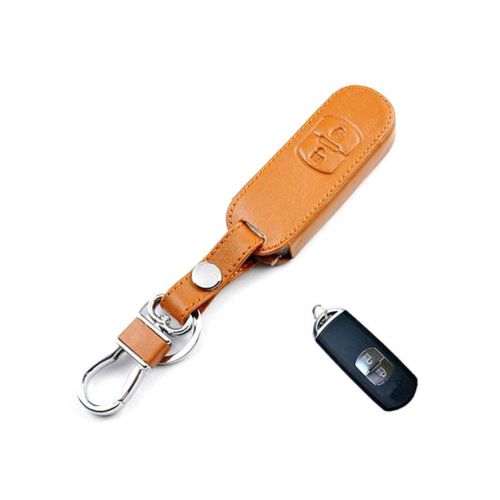 Brown le​ather 2bottons car remote key fob chain holder cover case for cx-5 cx-7