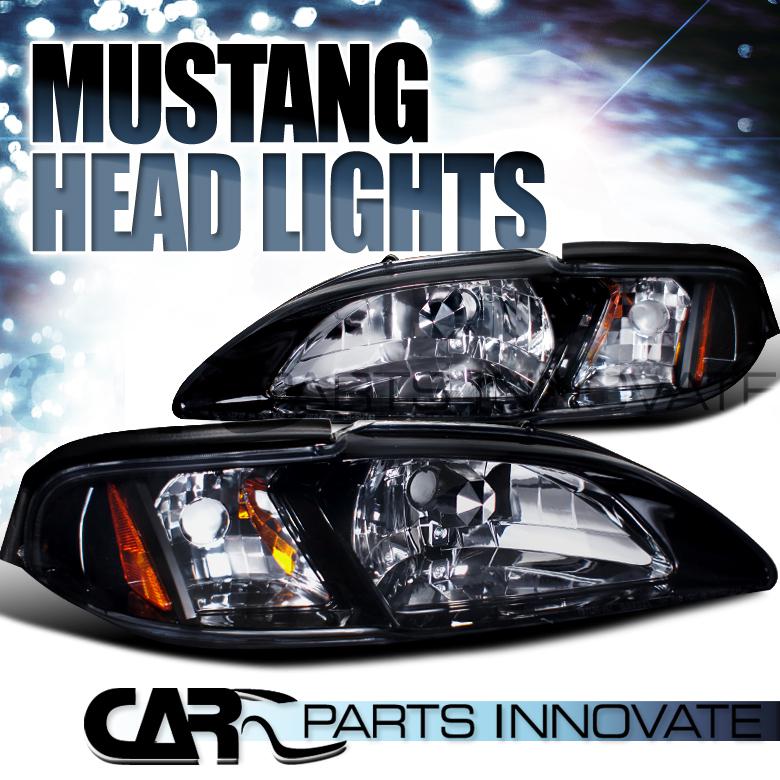 Glossy piano black 94-98 mustang one piece 2in1 tinted headlights+corner signal