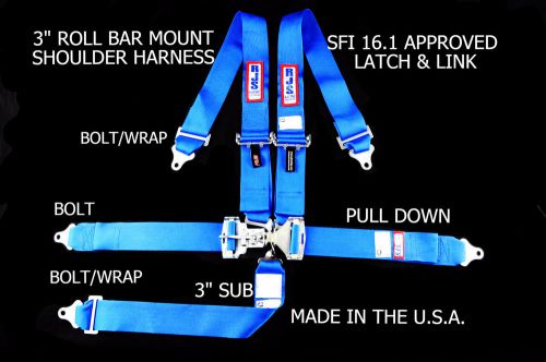 Rjs racing sfi 16.1 5pt latch &amp; link harness belt roll mount bar blue 1128603