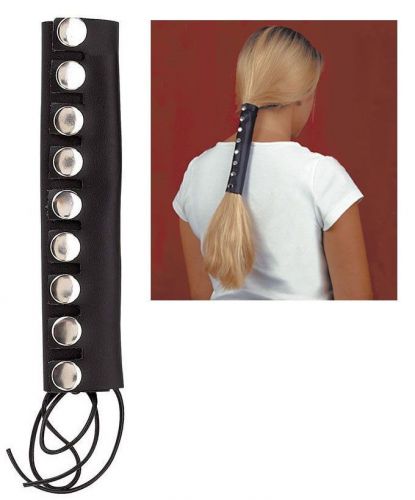 Black solid leather ponytail wrap hair holder cover 9 snaps laces glove large