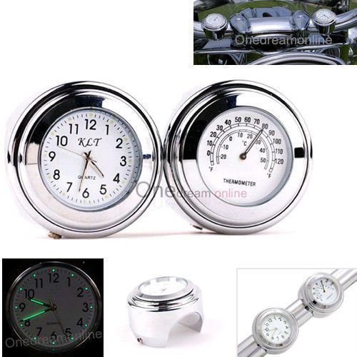 7/8&#034; 1&#034; motorcycle cruiser chopper handlebar dial clock&amp;thermometer