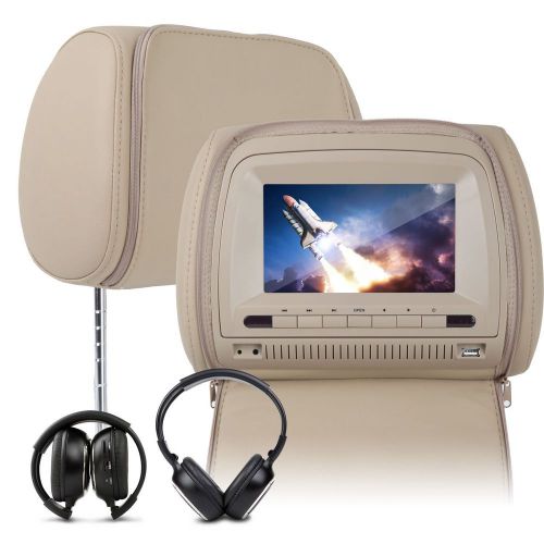 C1068 2x 7&#034;digital lcd car pillow headrest monitor ir headphone dvd player o tan