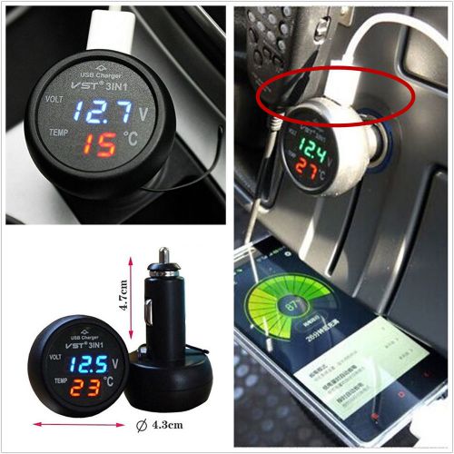 Car cigarette lighter usb port charger adapter digital led display voltmet 3in1