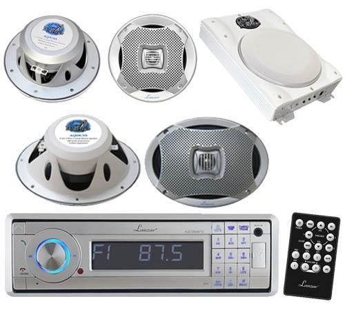 Marine boat cd mp3 silver receiver w/bluetooth + 4 speakers 1000w slim amplifier