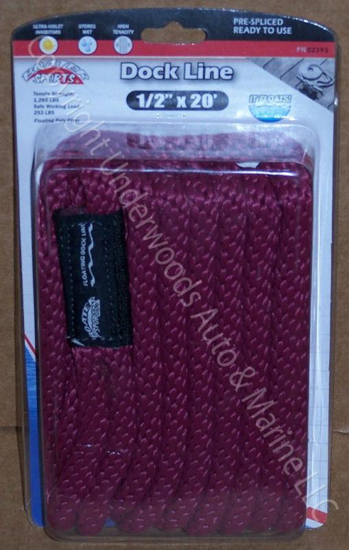 Floating dock line burgundy 1/2"x20' rope boat 12" loop