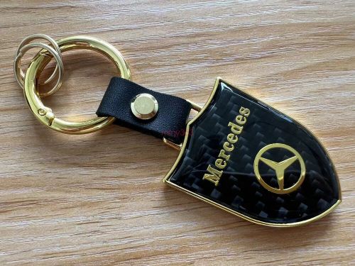 Gold shield carbon fiber with leather keychain key fob ring for mercedes benz