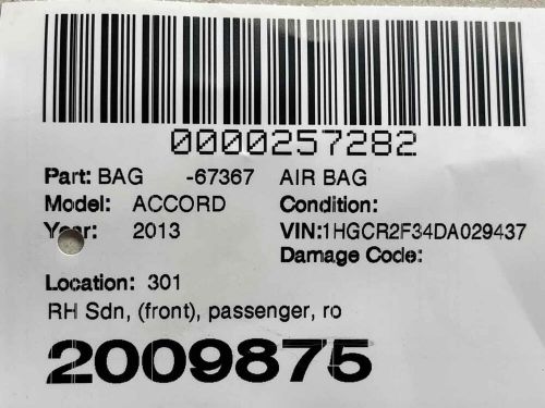 Fits 13-17 honda accord sdn passenger roof curtain airbag 78800-t2a-a812 receipt