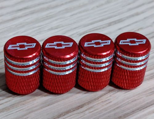 4pc tire valve stem caps red chevrolet chevy aluminum alloy