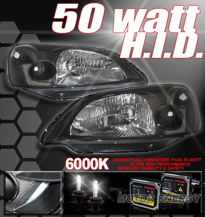 01-03 honda civic 2/4dr jdm blk headlight+50w 6000k hid