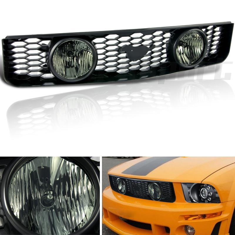 2005-2009 ford mustang front black hood grille smoked fog pair coupe convertible