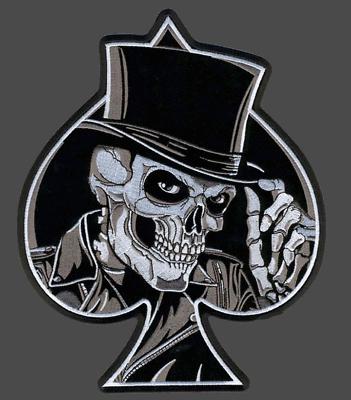 Skull spade flat hat embroidered 10 inch biker patch