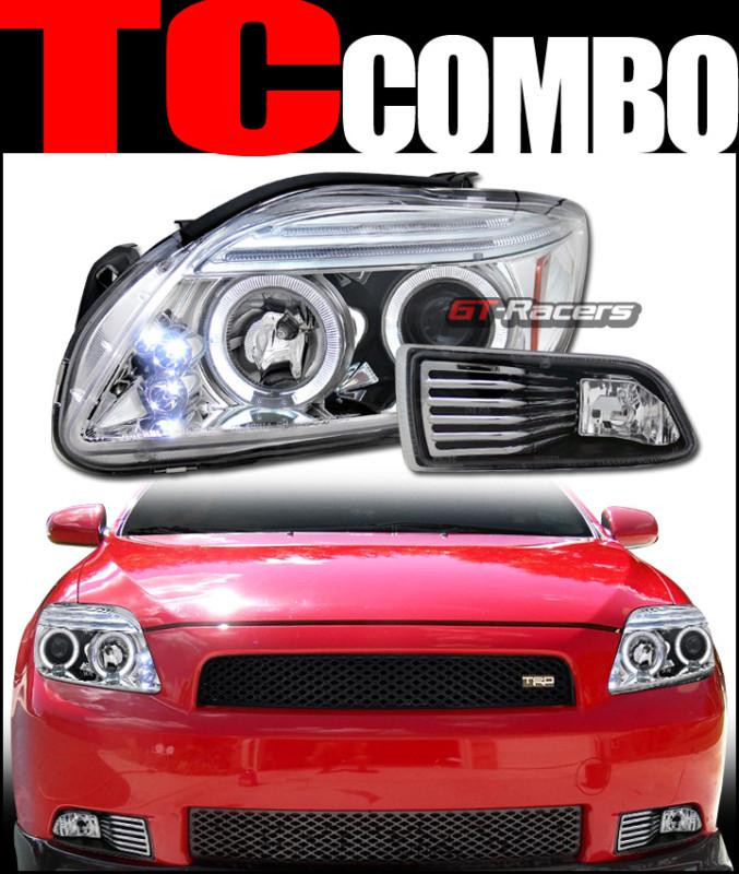 Chrome halo drl led projector head lights+bumper fog blk 2004 2005-2010 scion tc