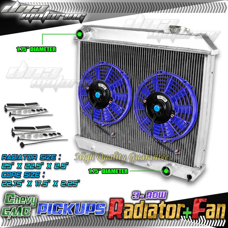 Tri core full aluminum radiator+2 x 9" blue fan chevy pickup c10/c20/k10/pontiac