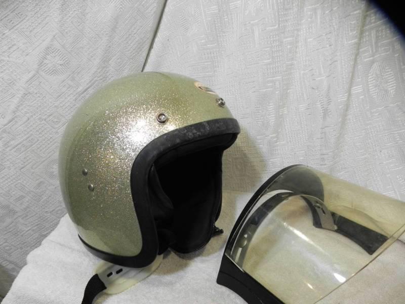 Vintage gold sparkle motorcycle helmet open face w/ shield estate find!