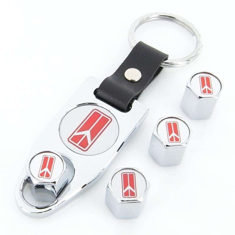 Oldsmobile old style red logo  chrome tire valve caps + wrench keychain