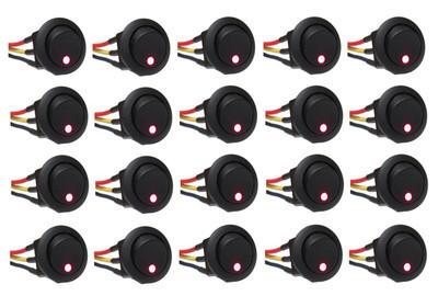 20 pcs - red led rocker switch 12v round toggle on off 12 volt w 6" wire leads