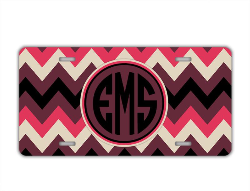 Chevron license plate - maroon black chevron w initials front car tag (1030)