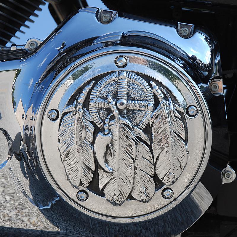 Medicine bundle derby cover in polished aluminum.  harley  twin cam