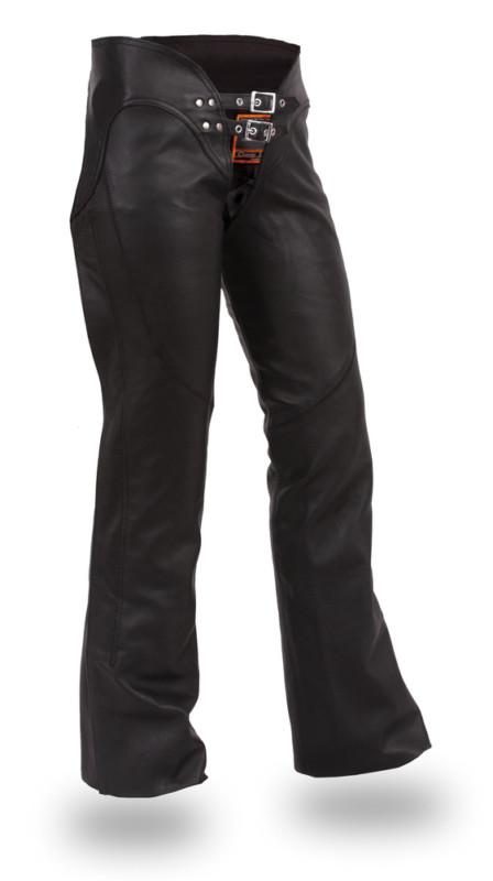 Womens double belted black leather motorcycle chaps - adjustable fit size xs