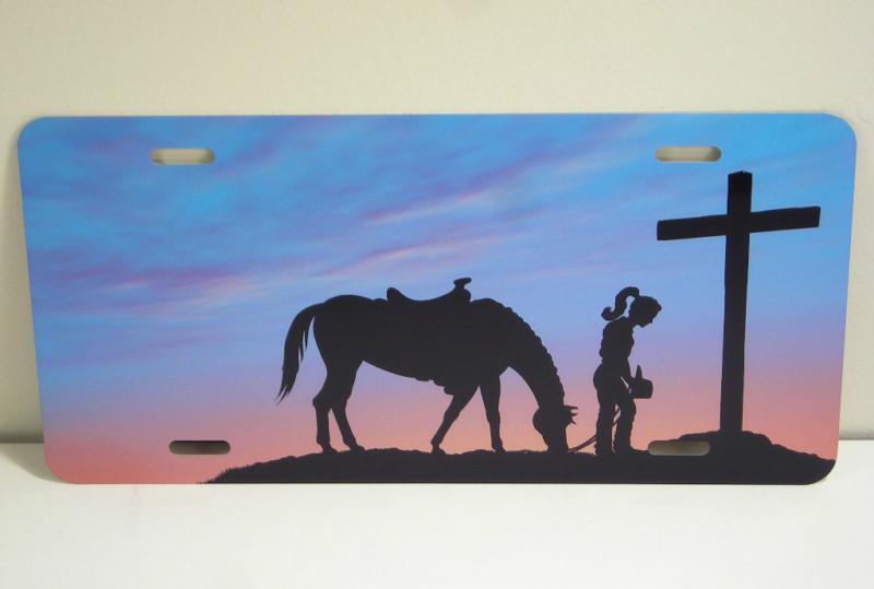  cowgirl praying at cross w/ horse metal vanity license plate tag