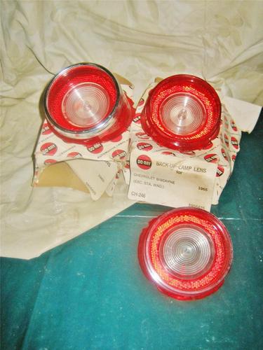 3 nos ser-do-ray 1965 chevrolet biscayne backup tail light lens+bezel ch-246 65