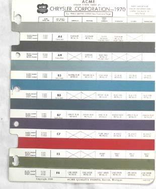 1970 chrysler dodge plymouth mopar acme  color paint chip chart all models 