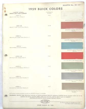 1959  buick dupont  color paint chip chart all models original 