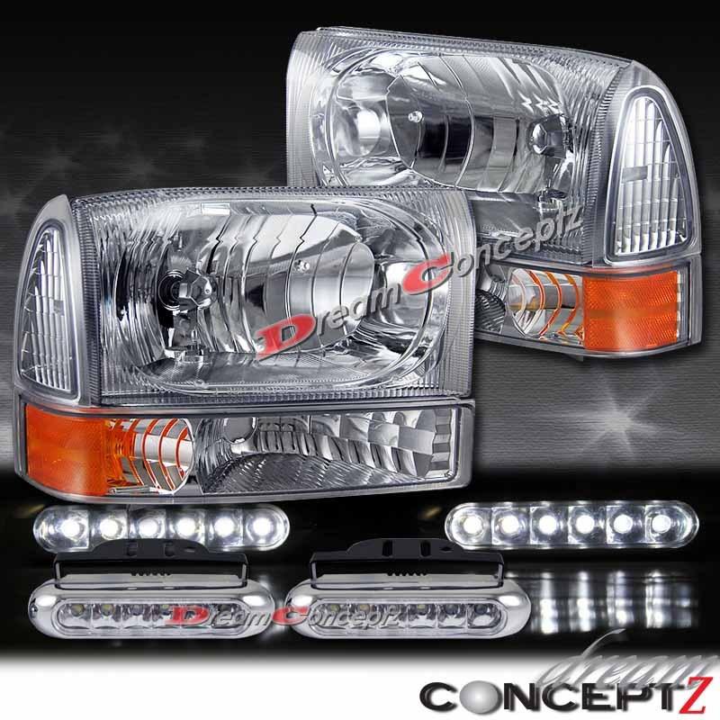 99-04 ford f250 excursion chrome headlights corner led daytime running lights