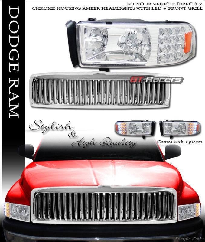 Chrome led head lights corner signal w/front grill grille vt 1994-2002 dodge ram