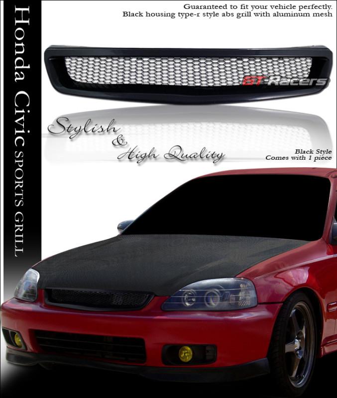 Jdm-r black mesh aluminum front hood grill grille 99-00 honda civic ek ek9 1999+