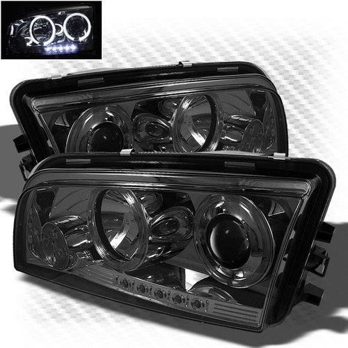 Smoked 06-10 dodge charger twin halo led projector headlights smoke head lights