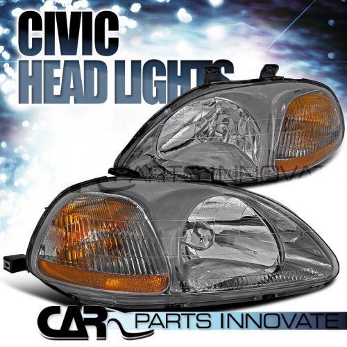 Fit 96-98 honda civic 2/3/4dr chrome housing smoke headlight+amber reflector