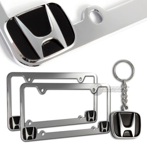 2x honda logo 3d die cast chrome metal license plate frame with honda keychain