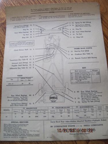 Shell oil lubrication service station chart rare &amp; orig 1946 ford 6