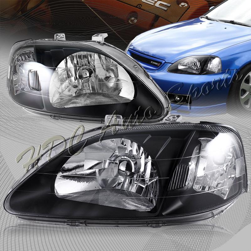 1999-2000 honda civic coupe/sedan jdm black housing clear lens headlight lamps