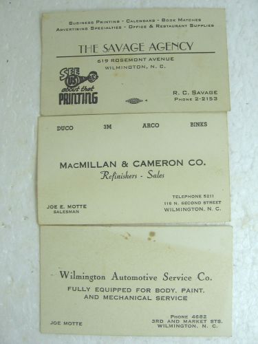 3 vintage early 50&#039;s busines cards from companies in wilmington, north carolina