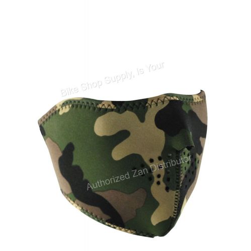 Zan headgear wnfm118h, neoprene half mask, reverses to black, woodland camo mask