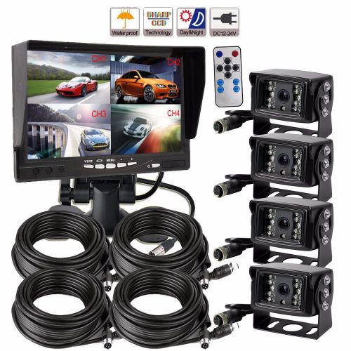 7&#034; quad monitor 4x 4pin reversing ccd camera 49ft nightvision waterproof / truck